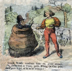 Ilustrace konce 19. století k pohádce Hanse Christiana Andersena (1805-1875) „Grand Claus and Little Claus“ (Klaus). Soukromá sbírka.