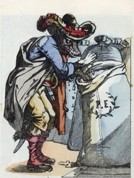 Ilustrace příběhu „Compere le Loup, Maitre Renard, Comere la Chevre et ses petits biquets““ podle bajky Jean de la Fontaine. V „“ Pohádky z domova pro nejmenší““. Anonymní rytina 19. století.