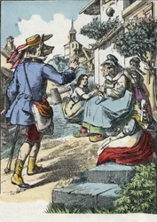 Ilustrace pohádky „Dobrá máma ovečka““. V „“ Pohádky z domova pro nejmenší““. Anonymní rytina 19. století.