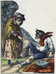 Ilustrace pohádky „Dobrá máma ovečka““. V „“ Pohádky z domova pro nejmenší““. Anonymní rytina 19. století.