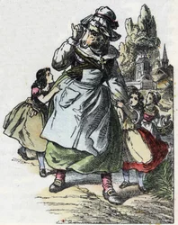 Ilustrace pohádky „Dobrá máma ovečka““. V „“ Pohádky z domova pro nejmenší““. Anonymní rytina 19. století.