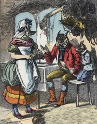 Ilustrace pohádky „Dobrá máma ovečka““. V „“ Pohádky z domova pro nejmenší““. Anonymní rytina 19. století.