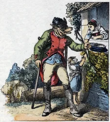 Ilustrace pohádky „Dobrá máma ovečka““. V „“ Pohádky z domova pro nejmenší““. Anonymní rytina 19. století.