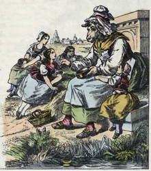 Ilustrace pohádky „Dobrá máma ovečka““. V „“ Pohádky z domova pro nejmenší““. Anonymní rytina 19. století.