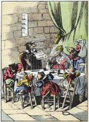 Ilustrace příběhu „Strašný Raminagrobis a myši“““ postava kreslí bajky Jeana de la Fontaina. V „“ Pohádky z domova pro nejmenší““. Anonymní rytina 19. století.