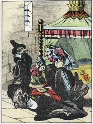 Ilustrace příběhu „Strašný Raminagrobis a myši“““ postava kreslí bajky Jeana de la Fontaina. V „“ Pohádky z domova pro nejmenší““. Anonymní rytina 19. století.