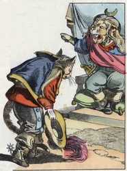 Ilustrace příběhu „Strašný Raminagrobis a myši“““ postava kreslí bajky Jeana de la Fontaina. V „“ Pohádky z domova pro nejmenší““. Anonymní rytina 19. století.