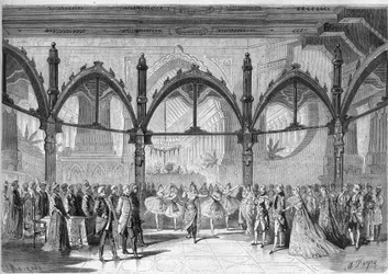 Císařské divadlo Komické opery: Scéna IV, II. dějství opery „První den štěstí“ od Daniela Francoise Esprita Aubera (1782-1871). Gravírování do „“The Illustrious Universe““