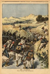 V Alžírsku prapor organizovaný celým praporem Zouaves, posíleným kavalérií, aby zajal Areskiho ben Bashira, třikrát odsouzeného k smrti alžírským soudem. Rytina v „“ Le petit journal““ 23. 12. 1893. Selva sbírka.