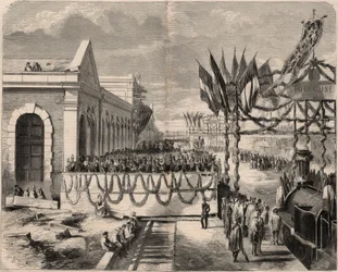 Slavnostní otevření železnice z Toulouse do Sete v roce 1857. Rytina v „Le Monde illustrious““ z roku 1857. Soukromá sbírka.