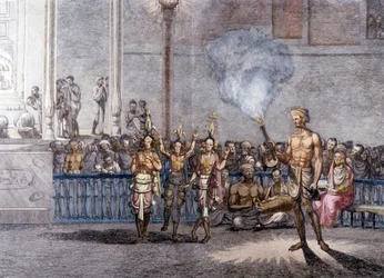 Indická kultura a civilizace: Tanec na počest Krišny (Krisna nebo Krišna) božstva Brahman v Indii. Rytina 1808.