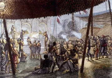 Indická kultura a civilizace: Svátek lásky Krišny, Indie. Rytina 1808.
