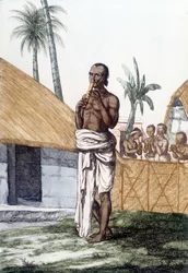 Indická kultura a civilizace: hudebník hrající na flétnu bansuri, tradiční hudební nástroj, Indie. Rytina 1808.