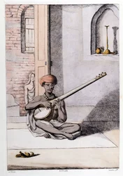 Indická kultura a civilizace: hudebník hrající na sitár, tradiční hudební nástroj, Indie. Rytina 1808.