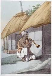 Indická kultura, civilizace a společnost: hudebník s tradiční indickou flétnou. Rytina z roku 1808.