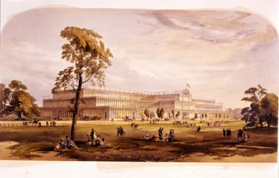 Průmyslová revoluce: pohled na Crystal Palace, postavený Josephem Paxtonem pro světovou výstavu 1851 v Londýně (Hyde Park) 19. století
