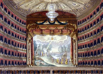 Interiér divadla de la Scala v Miláně. Rytina před rokem 1850.