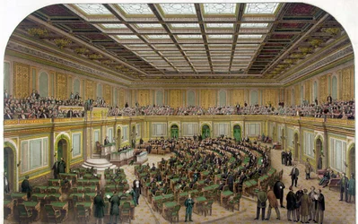 Vnitřní pohled na Sněmovnu reprezentantů Kapitolu USA zobrazující zasedání Kongresu a diváky v galerii – rytina 1866.