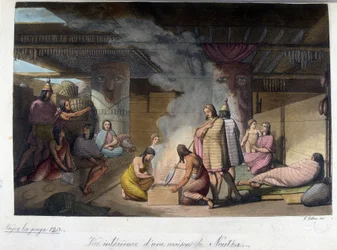 Vnitřní pohled na dům v Nutka, Rusko. V „Starém a moderním kostýmu“ 1819-1820 od Ferraria.