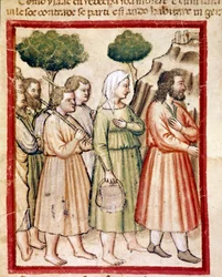 Izák a jeho rodina trpící hladomorem emigrující do zemí krále Abimelecha Miniatura z kodexu 212 (nebo padovanského kodexu či Bible Padovy) 1390-1400 Rovigo, Accademia dei Concordi