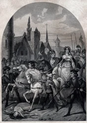 Isabella Bavorská (1371-1435) vstupující do Paříže v roce 1389 - Entree de la Reine de France Isabeau (Isabelle, Elisabeth) de Baviere (1371-1435) v Paříži - Rytina z roku 1842 v „Histoire des Popes: zločiny, vraždy, otravy vražda, cizoložství, incest...“ 