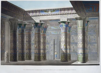 Ostrov Philae: Barevný vnitřní perspektivní pohled, pořízený pod portikem Velkého chrámu - v „Popis Egypta“, Imperial Editions