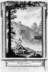 Jean Jacques Rousseau (1712-1778), francouzsky mluvící ženevský spisovatel a filozof; vidět z jeho domu (poblíž Ženevy).