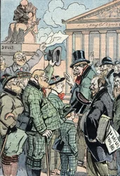 Jean Jaures Sjednocení socialisté proti zákonu o tříleté vojenské službě zastoupeni Němci, červen 1914 (Němci podporující sjednocené socialisty vedené Jeanem Jauresem proti zákonu o tříleté vojenské službě, červen 1914) Karikatura z "Le pelerin" 19/07/1914