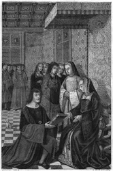 Jean Marot, básník (1463-1526), nabízející svazek poezie francouzské královně Anně. Rytina 19. století.