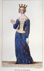 Jeanne de Bourbon (1338-1378). Královna Francie od roku 1364 do roku 1378. Rytina z roku 1830