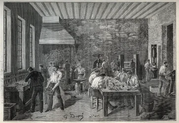Klenoty: továrna na ocelové šperky. Rytina z roku 1885 v „“Les arts et metiers illustres““ od Adolphe BITARDA.