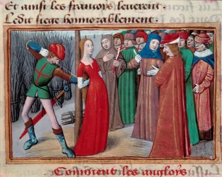 Johanka z luku (1412 -1431), instalovaná na řezníka. Miniatura z rukopisu „Vigilles du roi Charles VII““ od Martiala d