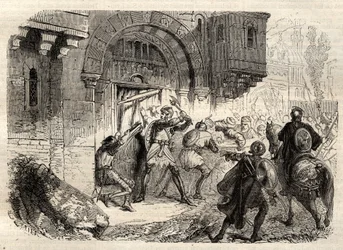 John II Comnenus, byzantský císař - Císař Jan II Comnene (1087-1143) v čele Řeků, kteří řídili dveře jeho paláce v Konstantinopoli - rytina v „“ Illustrous Popular Dictionary““ - 1864 - od Josepha Decembra a Edmonda Alloniera -