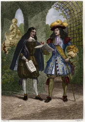 John the Baptist (Jean-Baptiste) Colbert (1619-1683) s Ludvíkem XIV., králem Francie a Navarry (1638-1715). Rytina 19. století. Soukromá sbírka.