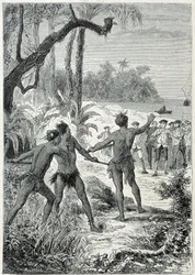 Cesta kapitána Jamese Cooka (1728-1779) na Novou Guineu: první setkání s domorodci, ilustrace převzata z „Velkých námořníků 18. století““