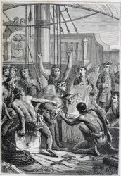 Cesta Samuela Wallise (1728-1795) do Polynésie: domorodé etony u zrcadla - ilustrace převzata z „Velkých námořníků 18. století“