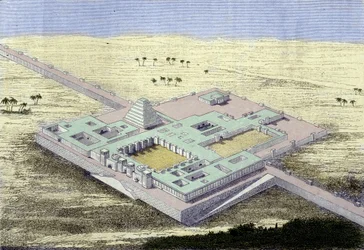 Khursabad (Irák). Rekonstrukce paláce Sargona II., asyrského krále v letech 722 až 705 př. n. l. Rytina 19. století.