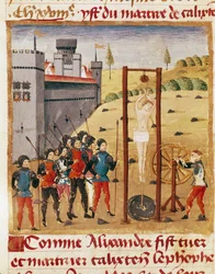 Král Alexandr Veliký (356–323 př. n. l.) se účastní popravy vznešeného Kalixta Cefoba pověšením“““ Miniatura převzatá z „“Knihy faktů Alexandra Velikého“““ od Quinta Curtius Rufus (1. století) (ms 1335, fol. 167 v