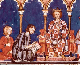 Král Alfonso X. moudrý muž pomáhá písaři. Detail miniatury z Knihy her od Alfonse X. moudrého (1221-1284) „Kniha šachů, des et stolů““ (El libro de ajedrez, dados e tablas). 1282. San Lorenzo de El Escorial. Královská knihovna