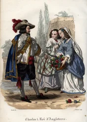 Anglický král Karel I. (Charles I. Stuart) (1600-1649) svádějící mladé ženy. Rytina z roku 1842 v „Histoire des Popes““ od Maurice Lachatre. Soukromá sbírka.
