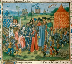 Král Karel VI. (1368-1422) předal svou dceru Isabelu Francouzskou (1389-1409) anglickému králi Richardu II. (1367-1400) před Shromážděním francouzských a anglických lordů miniatura z „Kroniky“ od Jeana Froissarta (1337- 1400) Paříž 15. století. B.N.
