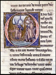 král Modreius. Rukopis: Dobytí Saint Gréal, napsaný 717 let po umučení našeho pána. Bibliotheque Municipale de Rennes, ms. 255 (Sbírka románů Kulatého stolu); Paříž