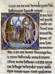 král Modreius. Rukopis: Dobytí Saint Gréal, napsaný 717 let po umučení našeho pána. Bibliotheque Municipale de Rennes, ms. 255 (Sbírka románů Kulatého stolu); Paříž