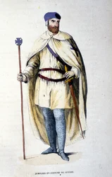 Rytíř Řádu templářů ve válečném kostýmu. Rytina 19. století.