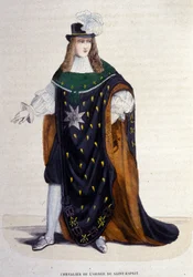 Rytíř Řádu Ducha svatého (Řád Svatého Ducha) založený Jindřichem III. v roce 1578. Rytina z 19. století.