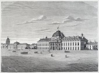 Vojenská škola Invalidovny při pohledu z Champ de Mars - rytina, c.1830