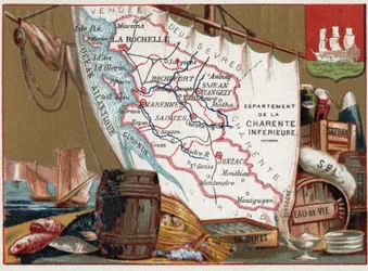 La Charente Inferieure, Poitou Charentes, Francie. Víno, brandy, sardinky, sůl, šafrán, suché ryby, cca 1920.