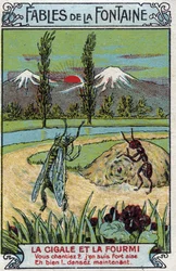 Kobylka a mravenec - Bajky Jean de La Fontaine (1621-95) - Chromolitografie konce 19. století Soukromá sbírka