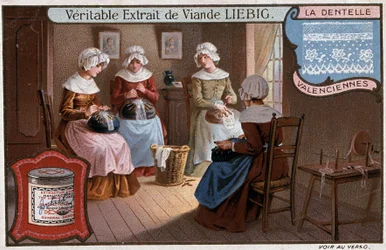 Krajkařská dílna, Valenciennes, reklama Liebig v. 1895