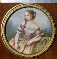 Ruská herečka Varvara Asenková (1817-1841), v roli Esmeraldy z ""Notre Dame de Paris"" od Victora Huga (1802-1885). (Ruská herečka Varvara Asenková jako Esmeralda). Anonymní práce, akvarel na papíře